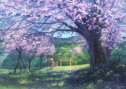 Rule 34 | 1girl, bad id, bad pixiv id, brown hair, cherry blossoms, day, from behind, highres, looking away, original, outdoors, scenery, short hair, signature, somei yoshinori, spring (season), torii, tree