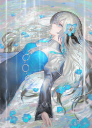 Rule 34 | 1girl, absurdres, afloat, blue dress, blue eyes, blue flower, blue hair, cleavage cutout, clothing cutout, commentary request, dress, dutch angle, expressionless, flower, grey hair, grey sleeves, hair flower, hair ornament, hair over one eye, hair spread out, highres, isekai joucho, juliet sleeves, kamitsubaki studio, light blush, long hair, long sleeves, looking up, lying, multicolored hair, o-ring, on back, outstretched arms, parted lips, puffy sleeves, rklslred2578, shiny clothes, shrug (clothing), solo, spread arms, streaked hair, upper body, virtual youtuber, water