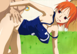 Rule 34 | 1girl, bare shoulders, bent over, bottomless, bouncing breasts, breasts, cleavage, doggystyle, covered erect nipples, grass, hanging breasts, kyabakurabakufu, large breasts, looking back, nami (one piece), naughty face, no bra, no panties, one piece, orange hair, pirate, red eyes, sex, sex from behind, short hair, smile, tongue, tongue out, vaginal