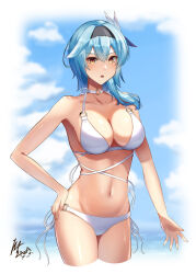 Rule 34 | 1girl, :o, absurdres, bare arms, bare shoulders, bikini, black hairband, blue hair, blue sky, breasts, choker, cloud, commentary request, cropped legs, day, eula (genshin impact), genshin impact, hairband, highres, hiziriamane, large breasts, long hair, looking at viewer, navel, parted lips, sky, solo, standing, stomach, swimsuit, thighs, white bikini, white choker, yellow eyes