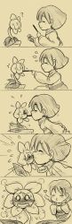 Rule 34 | 5koma, ?, androgynous, bad id, bad tumblr id, blush, closed eyes, comic, devicho, flower, flowey (undertale), flying sweatdrops, food, frisk (undertale), full-face blush, gender request, hands on own face, heart, highres, kiss, monochrome, nervous sweating, pocky, pocky kiss, shared food, silent comic, sound effects, striped clothes, striped sweater, sweat, sweater, tears, trembling, undertale