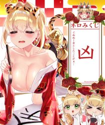 Rule 34 | 2girls, absurdres, ahoge, animal ears, animal print, bad id, bad twitter id, blonde hair, blush, breasts, calligraphy brush, chibi, chopsticks, cleavage, commentary request, crown, fate/extra, fate/grand order, fate (series), green eyes, highres, japanese clothes, kimono, large breasts, looking at viewer, multiple girls, nero claudius (fate), nero claudius (fate) (all), nero claudius (fate/extra), open mouth, paintbrush, queen draco (fate), red eyes, tail, tiger ears, tiger print, tiger tail, translation request, yayoi maka