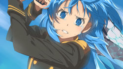 Rule 34 | 1girl, black jacket, blue eyes, blue hair, blue sky, chiharu (9654784), chtholly nota seniorious, clenched teeth, crying, crying with eyes open, day, floating hair, highres, holding, holding sword, holding weapon, jacket, long hair, long sleeves, looking at viewer, one side up, outdoors, shuumatsu nani shitemasu ka?, sky, solo, sword, tears, teeth, upper body, weapon