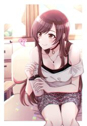 Rule 34 | 1girl, animal print, bare shoulders, bendy straw, blush, breasts, choker, cleavage, closed mouth, collarbone, cup, disposable cup, drink, drinking straw, highres, holding, holding cup, holding drink, idolmaster, idolmaster shiny colors, indoors, jewelry, kusaka io, leaning forward, leopard print, long hair, medium breasts, necklace, o-ring, o-ring choker, osaki amana, pink skirt, red choker, red hair, shirt, sitting, skirt, smile, solo, swept bangs, white shirt, yellow eyes