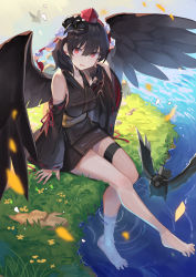 Rule 34 | 1girl, absurdres, alternate costume, barefoot, bird, black hair, black kimono, black wings, commentary request, commission, crow, detached sleeves, earrings, falken (yutozin), grass, hat, highres, japanese clothes, jewelry, kimono, looking at viewer, mask, mask on head, obi, open mouth, pixiv commission, pom pom (clothes), red eyes, red hat, ribbon-trimmed sleeves, ribbon trim, sash, shameimaru aya, sitting, smile, soaking feet, solo, thigh strap, tokin hat, touhou, water, wings