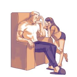 Rule 34 | 1boy, 1girl, arm support, armchair, bad id, bad twitter id, barefoot, blue pants, blue shorts, brown hair, chair, clenched hand, couch, d.va (overwatch), facepaint, facial mark, fatherly, hairband, hand on own cheek, hand on own face, hand up, long hair, open mouth, overwatch, overwatch 1, pants, scar, scar across eye, scar on face, shirt, short hair, short sleeves, shorts, simple background, sleeping, slippers, smile, soldier: 76 (overwatch), whisker markings, white background, white hair, white shirt