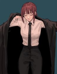 Rule 34 | 1girl, bad id, bad twitter id, black coat, black necktie, black pants, blue background, braid, braided ponytail, breasts, buttoned cuffs, buttons, chainsaw man, closed eyes, closed mouth, coat, collared shirt, cowboy shot, dress shirt, eyelashes, facing viewer, formal, highres, lips, long sleeves, makima (chainsaw man), medium breasts, medium hair, necktie, open clothes, open coat, pants, red hair, shirt, shirt tucked in, simple background, solo, ulov390, white shirt, wing collar