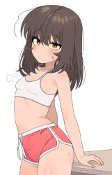 Rule 34 | 1girl, :/, breasts, brown hair, collarbone, commentary request, cowboy shot, dolphin shorts, from side, heavy breathing, highres, korean commentary, leaning on object, long hair, looking at viewer, midriff, nakta, navel, original, red shorts, shorts, simple background, small breasts, solo, sports bra, sweat, table, white background, white sports bra, yellow eyes
