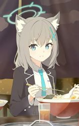 Rule 34 | 1girl, animal ear fluff, animal ears, bad id, bad twitter id, black jacket, blazer, blue archive, blue eyes, blue necktie, bowl, breast pocket, chopsticks, collared shirt, cross hair ornament, diamond-shaped pupils, diamond (shape), food, glass, grey hair, hair ornament, halo, highres, holding, holding chopsticks, holding spoon, jacket, korean commentary, lapels, long sleeves, looking at viewer, medium hair, mismatched pupils, necktie, noodles, nyul, open clothes, open jacket, pocket, ramen, school uniform, shiroko (blue archive), shirt, shirt tucked in, smile, solo, spoon, symbol-shaped pupils, table, upper body, wolf ears