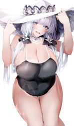 Rule 34 | 1girl, arms up, azur lane, bare shoulders, black one-piece swimsuit, black ribbon, blue eyes, blush, breasts, cleavage, covered navel, flustered, hair ornament, hair ribbon, hand on headwear, hat, huge breasts, illustrious (azur lane), long hair, one-piece swimsuit, open mouth, raru (nanaharararu), ribbon, simple background, sun hat, swimsuit, thighs, white background, white hair, white hat