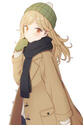 Rule 34 | 1girl, absurdres, beanie, black pants, black scarf, blonde hair, blush, brown coat, closed mouth, coat, from side, gilijim, girls&#039; frontline, gloves, green gloves, green hat, hand up, hat, highres, long hair, long sleeves, looking at viewer, m2hb (girls&#039; frontline), open clothes, open coat, orange eyes, pants, pom pom (clothes), scarf, shirt, simple background, solo, upper body, white background, white shirt