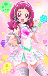 Rule 34 | 1girl, :d, alternate costume, breasts, covered erect nipples, cowboy shot, dress, grey thighhighs, hanzou, headphones, highres, hugtto! precure, long hair, looking at viewer, nono hana, open mouth, outstretched arm, outstretched hand, pink eyes, pink hair, precure, reaching, reaching towards viewer, short dress, sleeveless, sleeveless dress, small breasts, smile, solo, standing, thighhighs, white dress, zettai ryouiki