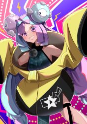 Rule 34 | 1girl, absurdres, bow-shaped hair, creatures (company), emulume, game freak, grey pantyhose, hexagon print, highres, iono (pokemon), jacket, multicolored hair, nintendo, oversized clothes, pantyhose, pink hair, pokemon, pokemon sv, sharp teeth, shirt, single leg pantyhose, sleeveless, sleeveless shirt, sleeves past fingers, sleeves past wrists, solo, teeth, very long sleeves, x, yellow jacket