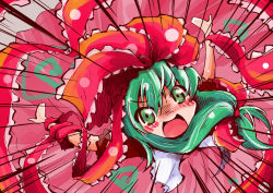 Rule 34 | &gt;:d, 1girl, :d, blush, dress, emphasis lines, from above, front ponytail, green eyes, green hair, kagiyama hina, looking at viewer, looking up, matching hair/eyes, nose blush, open mouth, outstretched arm, red dress, ribbon, shaded face, shawl, shinapuu, smile, solo, touhou, v-shaped eyebrows