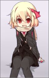 Rule 34 | 1girl, :d, alternate costume, black pantyhose, blonde hair, border, coat, contemporary, female focus, hair ribbon, looking at viewer, necktie, open mouth, pantyhose, pleated skirt, red eyes, ribbon, rumia, scarf, shamo (koumakantv), sitting, skirt, smile, solo, touhou
