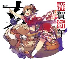 Rule 34 | 1girl, 2019, blue eyes, blush, boar, breasts, brown hair, commentary request, floral print, flower, full body, hair flower, hair ornament, happy new year, horns, japanese clothes, kimono, mil (xration), new year, obi, open mouth, pointing, pointing forward, ragnarok online, riding, saddle, saddlebags, sandals, sash, socks, solo focus, tusks, updo, whitesmith (ragnarok online)