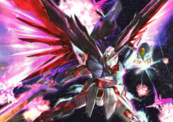 Rule 34 | absurdres, afterimage, battle, commentary request, destiny gundam spec ii, energy sword, energy wings, explosion, glowing, glowing eyes, green eyes, gundam, gundam seed, gundam seed freedom, highres, holding, holding sword, holding weapon, light particles, mecha, mechaklear, mobile suit, no humans, robot, science fiction, solo, space, star (sky), sword, v-fin, weapon
