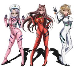 3girls anis_(nikke) ayanami_rei ayanami_rei_(cosplay) blue_eyes bodysuit breasts brown_hair clenched_hands cosplay curvy floating_hair glasses goddess_of_victory:_nikke hand_on_own_hip hat large_breasts long_hair looking_at_viewer makinami_mari_illustrious_(cosplay) medium_breasts multiple_girls neon_(nikke) neon_genesis_evangelion pink_bodysuit plugsuit rapi_(nikke) rei_(nikke) shiny_clothes short_hair simple_background skirt sky souryuu_asuka_langley souryuu_asuka_langley_(cosplay) v warurock white_background white_bodysuit wide_hips