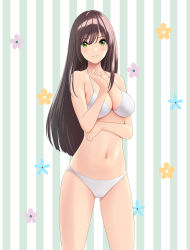 Rule 34 | 1girl, absurdres, bikini, black hair, breasts, cleavage, commentary request, cowboy shot, floral background, green eyes, highres, large breasts, long hair, looking at viewer, marui koishi, navel, original, smile, solo, standing, striped bikini, striped clothes, swimsuit, white bikini