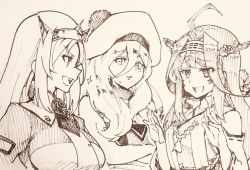 Rule 34 | 3girls, ahoge, beret, breasts, crossed arms, detached sleeves, double bun, greyscale, hair between eyes, hair bun, hat, headgear, japanese clothes, kantai collection, kongou (kancolle), large breasts, long hair, long sleeves, mole, mole under eye, mole under mouth, monochrome, multiple girls, nelson (kancolle), nontraditional miko, open mouth, richelieu (kancolle), simple background, sparkle, traditional media, tsunemi aosa