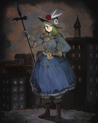 Rule 34 | 1girl, ascot, axe, battle axe, blue eyes, blue jacket, boots, brooch, brown footwear, buttons, cityscape, cloud, cloudy sky, cross-laced footwear, dusk, embroidery, flag, flower, frills, gloves, green hair, halberd, hand on own hip, hat, hat feather, hat flower, highres, holding, holding weapon, hoop skirt, jacket, jewelry, knee boots, lace-up boots, long hair, long sleeves, looking at viewer, original, outdoors, panda8581, petticoat, pleated skirt, polearm, skirt, sky, smile, solo, weapon, window