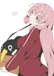 Rule 34 | 1girl, akashi (kancolle), alternate costume, artist name, blunt tresses, box, cardboard box, closed mouth, commentary request, dated, failure penguin, green eyes, hair ribbon, highres, holding, holding box, jacket, kantai collection, long hair, long sleeves, looking at viewer, pink hair, red jacket, ribbon, simple background, smile, solo, taira yuuki, track jacket, tress ribbon, upper body, very long hair, white background