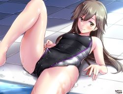 Rule 34 | 1girl, adjusting clothes, adjusting swimsuit, arashio (kancolle), artist name, ass, black one-piece swimsuit, blush, breasts, brown hair, cameltoe, collarbone, competition swimsuit, covered navel, cowboy shot, dated, floor, hair between eyes, indoors, kantai collection, long hair, looking at viewer, lying, one-piece swimsuit, open mouth, pool, poolside, rei no pool, small breasts, soaking feet, solo, swimsuit, tsuchimiya, water, wet, wet clothes, wet floor, wet swimsuit, yellow eyes