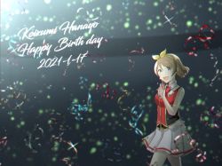 Rule 34 | 1girl, artist name, artist request, bare legs, bare shoulders, blush, bokura no live kimi to no life, bow, bowtie, breasts, brown hair, collared shirt, female focus, gumlia, hair between eyes, hair bow, hairband, hand wave, koizumi hanayo, looking at viewer, love live!, love live! school idol project, miniskirt, parted lips, pleated skirt, purple eyes, red bow, red bowtie, red shirt, shirt, short hair, skirt, sleeveless, sleeveless shirt, small breasts, smile, solo, white skirt, yellow bow, yellow hairband