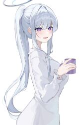 Rule 34 | 1girl, absurdres, alternate costume, blue archive, blush, borrowed clothes, breasts, collared shirt, cowboy shot, cup, from side, grey hair, hair intakes, halo, highres, holding, holding cup, jaduade, large breasts, long hair, long sleeves, mug, nape, noa (blue archive), open mouth, ponytail, purple eyes, shirt, sidelocks, simple background, smile, solo, white background, white shirt