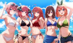 5girls :d ahoge arm_up beach bikini black_bikini blue_eyes blue_nails blue_sarong blue_sky bob_cut bracelet breasts brown_hair cleavage closed_mouth cloud collarbone commentary_request day denim denim_shorts ear_piercing eyewear_on_head go-toubun_no_hanayome green_bikini grin hair_ornament hand_on_own_hip heart heart-shaped_eyewear highres jewelry kurosaki_coco large_breasts long_hair medium_hair multiple_girls nakano_ichika nakano_itsuki nakano_miku nakano_nino nakano_yotsuba navel ocean open_fly open_mouth orange_hair outdoors parted_lips piercing pink_hair pixie_cut quintuplets red_bikini red_hair sarong short_hair shorts side-tie_bikini_bottom sky smile star_(symbol) star_hair_ornament stomach sunglasses swimsuit two_side_up wet white_bikini