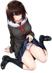 Rule 34 | 1girl, arm support, black footwear, black socks, blue eyes, blue skirt, blunt bangs, blush, bow, bow panties, breasts, brown hair, cardigan, closed mouth, clothes lift, collarbone, dojirou, full body, grey cardigan, hair over one eye, half-closed eyes, hand on own stomach, highres, kneehighs, large breasts, lifting own clothes, loafers, long sleeves, looking at viewer, medium hair, miniskirt, necktie, non-web source, on floor, original, panties, pleated skirt, red necktie, ribbed legwear, sailor collar, school uniform, serafuku, shoes, simple background, sitting, skirt, skirt lift, socks, solo, thighs, underwear, wariza, white background, white panties