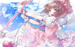 Rule 34 | 1girl, antenna hair, arms up, blue sky, blush, bobby socks, bow, brown hair, cardcaptor sakura, chikichi, cloud, day, dress, feathered wings, feathers, female focus, flat chest, footwear bow, frilled dress, frills, from side, glove bow, gloves, green eyes, happy, hat, hat bow, highres, holding, holding staff, kinomoto sakura, letterboxed, looking back, mary janes, mob cap, open mouth, outdoors, outside border, outstretched arms, pantyhose, pink bow, pink dress, pink hat, puffy short sleeves, puffy sleeves, red bow, red footwear, shirt, shoes, short hair, short sleeves, sidelocks, sky, sleeveless, sleeveless dress, smile, socks, solo, staff, teeth, tongue, white gloves, white shirt, white socks, white wings, wings