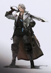 Rule 34 | 1boy, artist name, bandolier, belt, black footwear, black gloves, black pants, black vest, boots, brown eyes, choker, coat, company name, copyright name, copyright notice, final fantasy, final fantasy xiv, fingerless gloves, full body, gloves, grey hair, gunblade, gunbreaker (final fantasy), hand in pocket, hatching (texture), highres, holding, holding weapon, hyur, knee pads, legs apart, looking at viewer, male focus, mogi yuusuke, neck tattoo, official art, over shoulder, pants, short hair, shoulder belt, signature, simple background, solo, standing, tattoo, thancred waters, thigh boots, two-sided fabric, vest, weapon, weapon over shoulder, white background, white choker, white coat