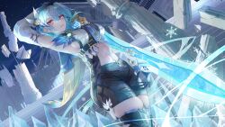 Rule 34 | 1girl, absurdres, arm up, armpits, black hairband, black thighhighs, blue hair, blue necktie, blush, bodystocking, breasts, claymore (sword), eula (genshin impact), genshin impact, hair ornament, hairband, highres, holding, holding weapon, large breasts, looking at viewer, medium hair, navel, necktie, parted lips, snowflakes, solo, thighhighs, thighs, turbulence, vision (genshin impact), weapon, yellow eyes