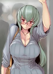 Rule 34 | 00s, 1girl, against glass, aged up, arm up, bag, bespectacled, blush, breast press, breasts, breasts on glass, cleavage, glasses, large breasts, long hair, red eyes, rozen maiden, silver hair, suigintou, sweat, train, train interior, tsuda nanafushi, wavy mouth
