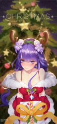 Rule 34 | 1girl, antlers, bare shoulders, bauble, blurry, blurry background, box, braid, breasts, candy, candy cane, christmas, christmas lights, christmas ornaments, christmas tree, cleavage, cowboy shot, dress, earrings, english text, fake antlers, flower, food, fur-trimmed dress, fur trim, genshin impact, gift, gift box, glint, gloves, hair flower, hair ornament, highres, holding, holding gift, horns, incoming gift, jewelry, light particles, long hair, merry christmas, mitsudomoe (shape), mole, mole under eye, off-shoulder dress, off shoulder, pom pom (clothes), pom pom hair ornament, purple eyes, purple flower, purple hair, raiden shogun, red dress, red gloves, santa costume, snowflakes, solo, spaghetti strap, string of light bulbs, tinsel, tomoe (symbol), very long hair, yunduan