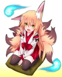 Rule 34 | 1girl, :d, absurdres, animal ears, black thighhighs, bow, eyebrows, fang, fox ears, fox tail, from above, gradient background, green eyes, hair between eyes, hakama, hakama skirt, highres, hitodama, japanese clothes, kitsune, kyuubi, long hair, long sleeves, looking at viewer, multiple tails, open mouth, orange hair, original, pillow, red hakama, ribbon-trimmed sleeves, ribbon trim, seiza, sitting, skirt, smile, solo, sukemyon, tail, thighhighs, v arms, zettai ryouiki