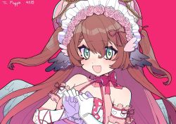 Rule 34 | 1girl, :d, animal ears, bare shoulders, bird ears, bird wings, blush, bonnet, brown hair, commentary, commission, english commentary, flower, gloves, green eyes, hair between eyes, hair flower, hair ornament, indie virtual youtuber, long hair, looking at viewer, magpie (vtuber), mochi (buchumi10), open mouth, pink flower, skeb commission, smile, solo, two side up, upper body, virtual youtuber, white gloves, wings