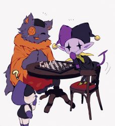 Rule 34 | :3, :d, ?, buttons, cat, chair, chess piece, chessboard, colored skin, covering own mouth, deltarune, fang, hand over own mouth, hat, highres, jester cap, jevil, lancer (deltarune), looking at viewer, no humans, notice lines, open mouth, orange tunic, patch, playing games, purple fur, purple skin, scar, seam (deltarune), simple background, smile, table, tail, tunic, white background, y o u k a