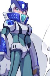 Rule 34 | 1boy, arm cannon, armor, blue eyes, blue headwear, closed mouth, commentary request, forehead jewel, helmet, hermes armor x (mega man), highres, male focus, mega man (series), mega man x8, mega man x (series), shoulder pads, signature, simple background, solo, vani (hisha 04), weapon, white armor, white background, x (mega man)