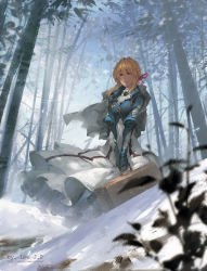 Rule 34 | 1girl, artist name, blonde hair, blue eyes, blue jacket, braid, breasts, brooch, dress, forest, hair between eyes, hair intakes, hair ornament, hair ribbon, highres, holding, holding suitcase, jacket, jewelry, lijianpeng, lips, long hair, long sleeves, looking to the side, mechanical hands, nature, neckwear request, outdoors, puffy long sleeves, puffy sleeves, red ribbon, ribbon, skirt, snow, solo, standing, suitcase, violet evergarden, violet evergarden (series), weibo watermark, weibo watermark, white dress, white neckwear, white skirt