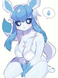 Rule 34 | 1girl, :&lt;, animal ears, animal feet, bare shoulders, barefoot, between legs, blue hair, blue sclera, blue theme, blush, bra, breasts, cleavage, closed mouth, collarbone, colored sclera, creatures (company), female focus, furry, furry female, game freak, gen 4 pokemon, glaceon, hand between legs, highres, kneeling, long hair, looking at viewer, nintendo, own hands together, panties, pawpads, personification, pokemon, pokemon (creature), sami (yaonga797), shiny skin, sidelocks, sitting, sketch, solo, speech bubble, spoken sweatdrop, sweat, sweatdrop, tail, underwear, underwear only, white bra, white eyes, white panties