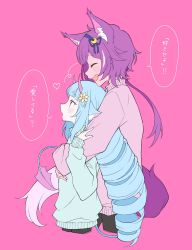 Rule 34 | 2girls, aaru (youmorigu), animal ears, aqua hair, crescent, crescent hair ornament, delmin (show by rock!!), dragon girl, dragon horns, dragon tail, drill hair, closed eyes, fang, flower, hair flower, hair ornament, hairband, heart, highres, horns, hug, hug from behind, light blush, long hair, medium hair, multiple girls, no legs, open mouth, pink background, purple hair, red eyes, ruhuyu (show by rock!!), show by rock!!, simple background, skin fang, smile, sweater, tail, translation request, twintails, very long hair, wolf ears, wolf girl, wolf tail, yuri