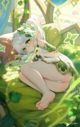Rule 34 | 1girl, absurdres, ass, barefoot, blush, dress, feet, genshin impact, green eyes, hair between eyes, highres, looking at viewer, lying, meisansan, multicolored hair, nahida (genshin impact), on side, panties, pointy ears, restrained, see-through, side ponytail, soles, streaked hair, string, symbol-shaped pupils, thighs, toes, underwear, white dress, white hair, white panties
