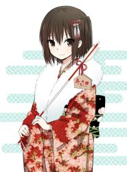Rule 34 | 10s, 1girl, alternate costume, arrow (projectile), brown eyes, brown hair, egasumi, floral print, hair between eyes, hair ornament, hamaya, ica, japanese clothes, kantai collection, kimono, long sleeves, looking at viewer, new year, obi, sash, sendai (kancolle), short hair, smile, solo, two side up, unmoving pattern, white background