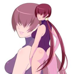 Rule 34 | 1girl, ass, bare shoulders, breasts, brown hair, earrings, female focus, from behind, hair over eyes, jewelry, kagetomo seiko, large breasts, leotard, lips, lipstick, long hair, looking back, makeup, parted lips, red hair, shermie (kof), shiny clothes, shiny skin, smile, solo, split ponytail, the king of fighters, thong, thong leotard, twintails, very long hair, zoom layer
