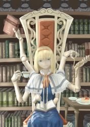 Rule 34 | 1girl, absurdres, alice margatroid, blonde hair, blue dress, blue eyes, book, bookshelf, cake, capelet, chair, deraken, doll, doll joints, dress, extra arms, food, fork, hairband, head tilt, highres, holding, holding book, jar, joints, looking at viewer, multitasking, open book, plate, ribbon, saucer, shanghai doll, short hair, solo, steam, table, tea, touhou