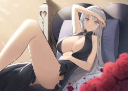Rule 34 | 1girl, absurdres, azur lane, bed, blue eyes, breasts, cleavage, closed mouth, dress, enterprise (azur lane), enterprise (heroic finery) (azur lane), evening gown, flower, grey hair, hand on own forehead, hand on own stomach, heart, highres, large breasts, long hair, looking at viewer, lordol, official alternate costume, on bed, pillow, rose, side slit, thighs