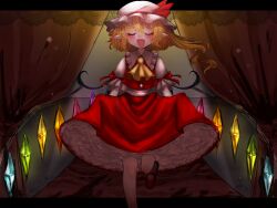 Rule 34 | 1girl, aorin oekaki, ascot, blonde hair, blush, crystal, curtains, fang, flandre scarlet, hat, hat ribbon, highres, mary janes, mob cap, one side up, open mouth, petticoat, pointy ears, puffy sleeves, red footwear, ribbon, shirt, shoes, short hair, short sleeves, skirt, skirt hold, smile, solo, touhou, wings