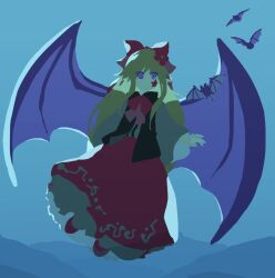Rule 34 | 1girl, animal, bat (animal), bat wings, black vest, blonde hair, blue background, commentary request, elis (touhou), facial mark, flat chest, flower, full body, grey shirt, hair flower, hair ornament, hair ribbon, highres, kaigen 1025, long hair, long sleeves, neck ribbon, no lineart, no mouth, open clothes, open vest, petticoat, pointy ears, red flower, red footwear, red ribbon, red skirt, ribbon, shirt, skirt, star (symbol), star facial mark, touhou, touhou (pc-98), vest, wings